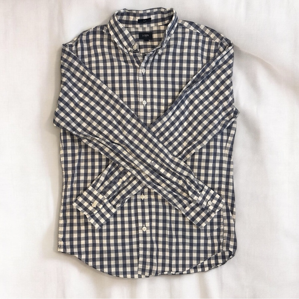 J. CREW Men’s Blue, Grey and White Gingham Shirt. Slim Fit Size Medium